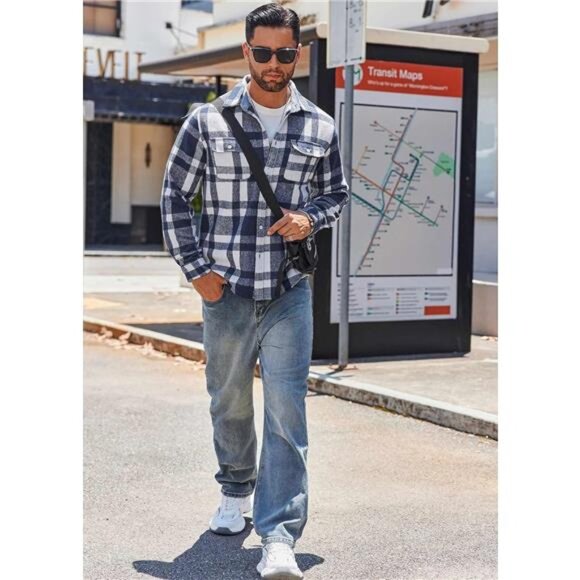 Men's Flannel Shirt Long Sleeve Plaid Casual Button Down Shirt with Pockets - Picture 3 of 7